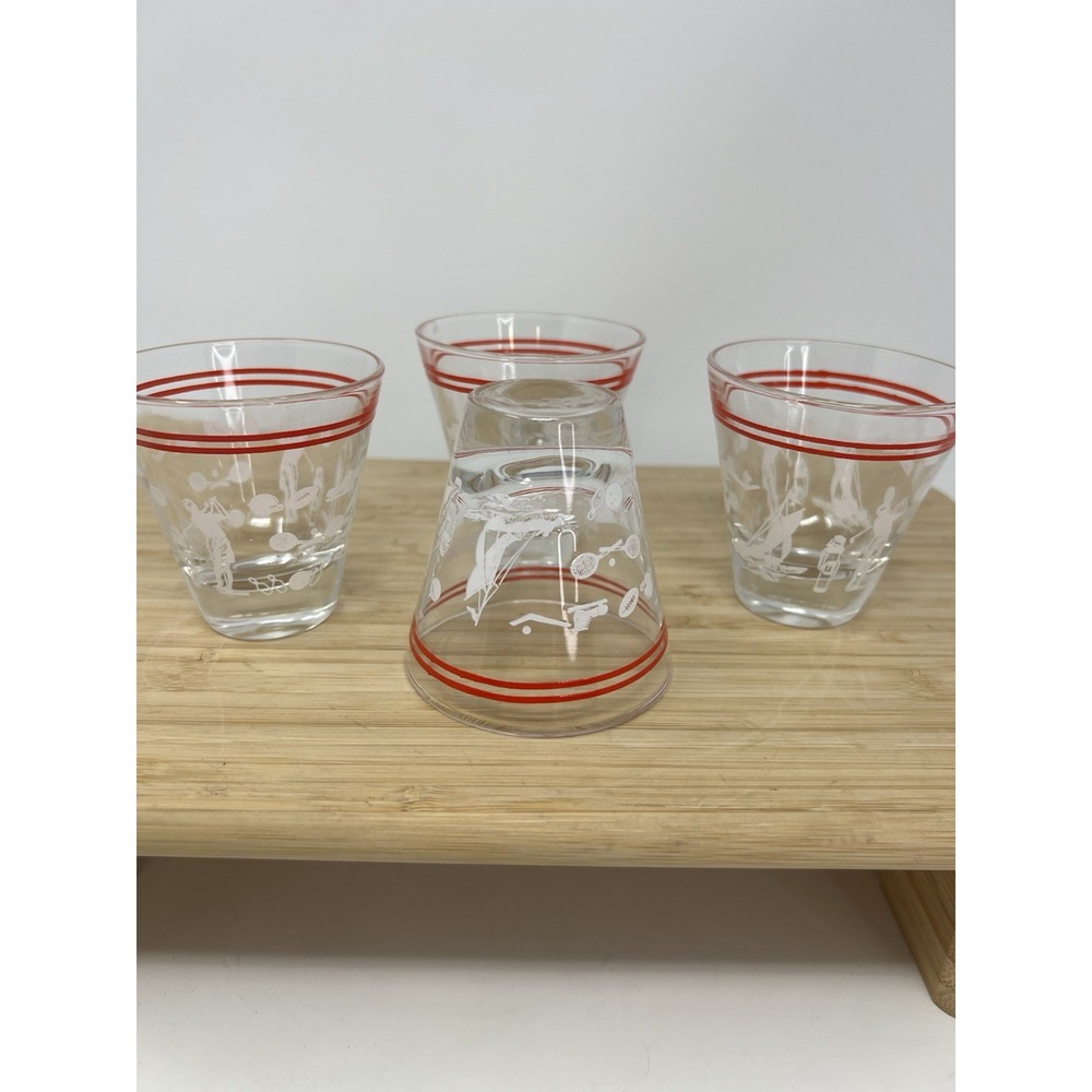 MCM Set of 4 Sports Themed Double Shot Whiskey Glasses Vtg Barware Hazel Atlas